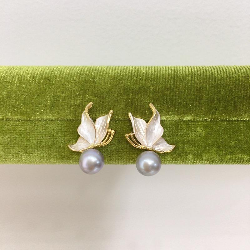 Zhuji Natur Süßwasserperlen Set - Damen mattierte Schmetterlingsperlen Ohrringe, 18 Karat Gold Filled & Anlaufgeschützt