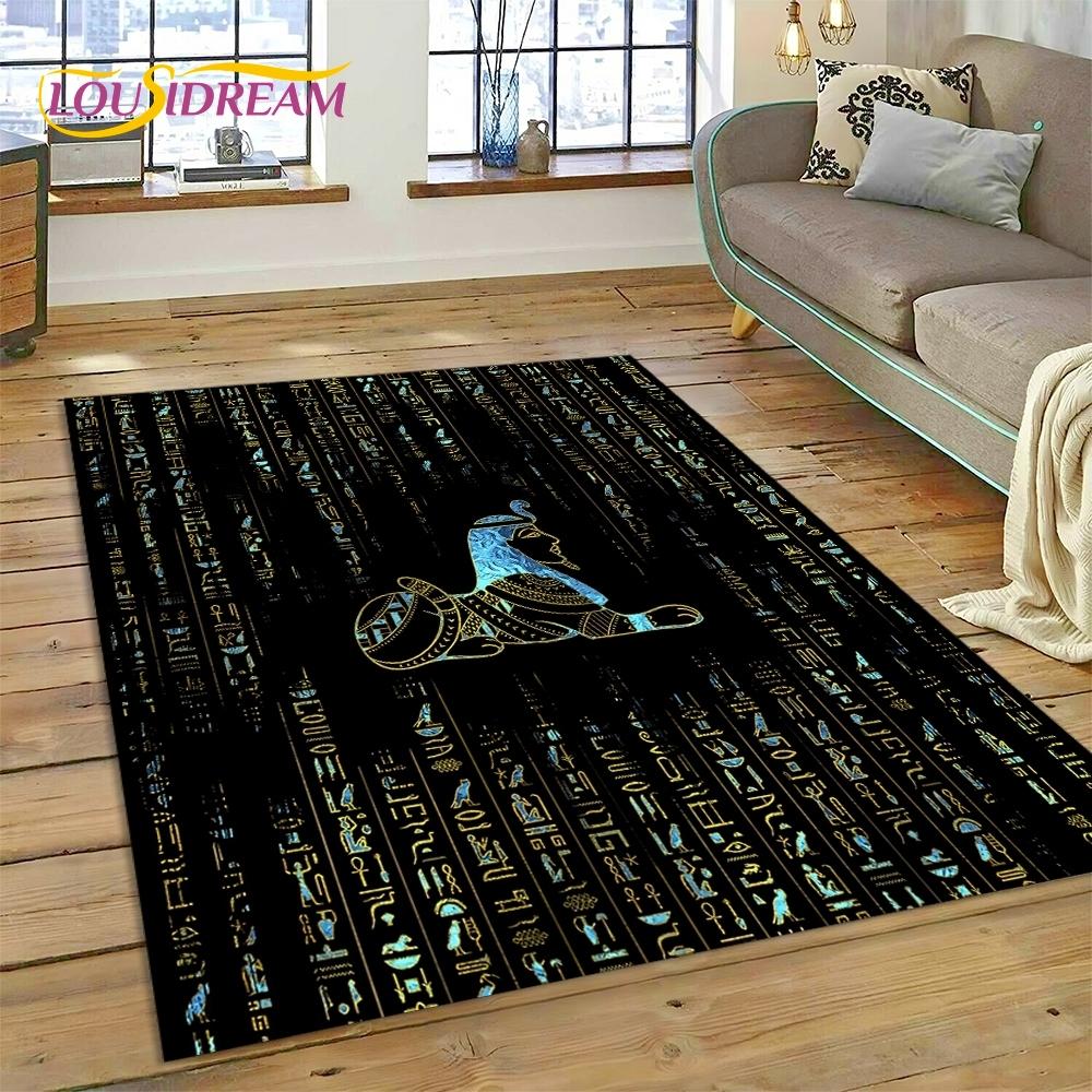 3D Pharaoh Hieroglyphic Egyptian Mythology HD Rug Carpet for Living Room Bedroom Home Decor,Non-slip Decoration for Sofa Doormat