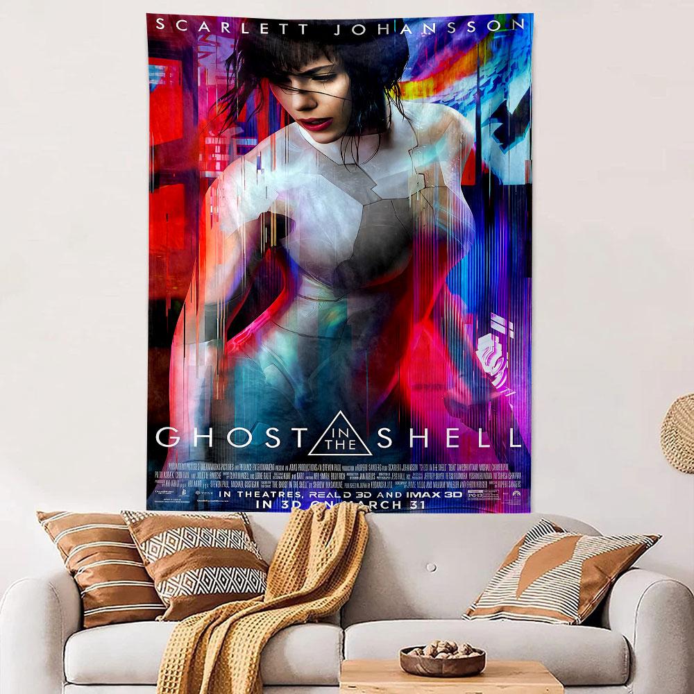 Abstract streaks of vibrant colors frame a futuristic figure in motion. Patterned tapestry for bedroom and living room home decor