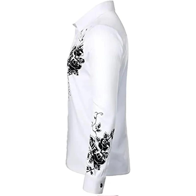 Pure White with Rose High-end Men's Long-sleeved Shirt Summer Fashion Outdoor Wear Polyester Fiber Digital Printing