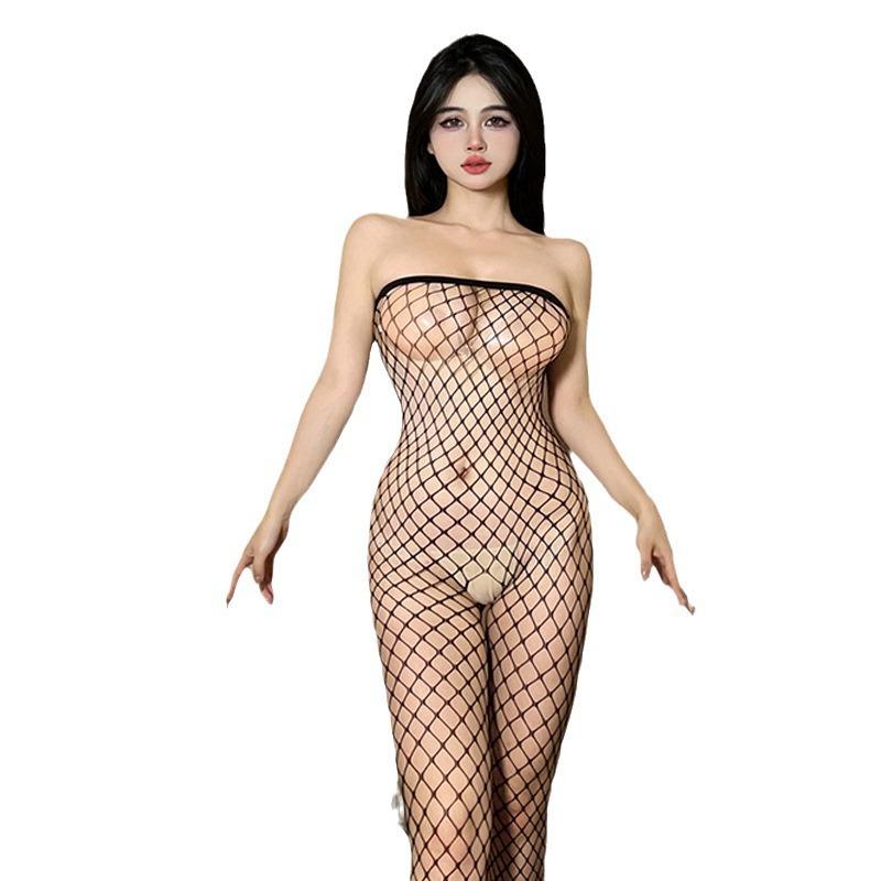Sexy lingerie women's transparent tube top one-piece open gear free fishing net exposed milk perspective hot net clothes