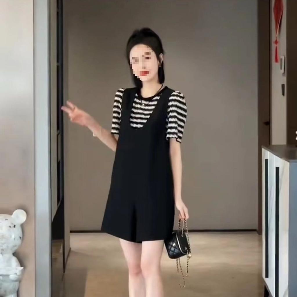 Summer Striped Short-sleeved Fashionable Plus-size Set - Women's Stylish Backless Backless Pants and Shorts Set