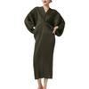 Elegant Pleated Midi Dress With Batwing Sleeves V-Neck Slim Fit Office Wear