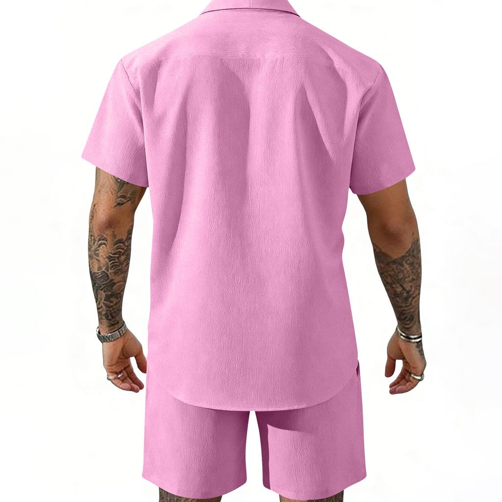 Men's Summer -Color Collared Button-Down Shirt And Shorts Set