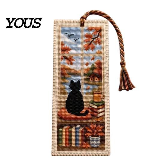 Retro Bookmark DIY Stitch Kit for Adults Beginners, Seasonal Cat Reading Accessory Handmade Embroidery Kit, Gifts Lovers, Readers Artistic