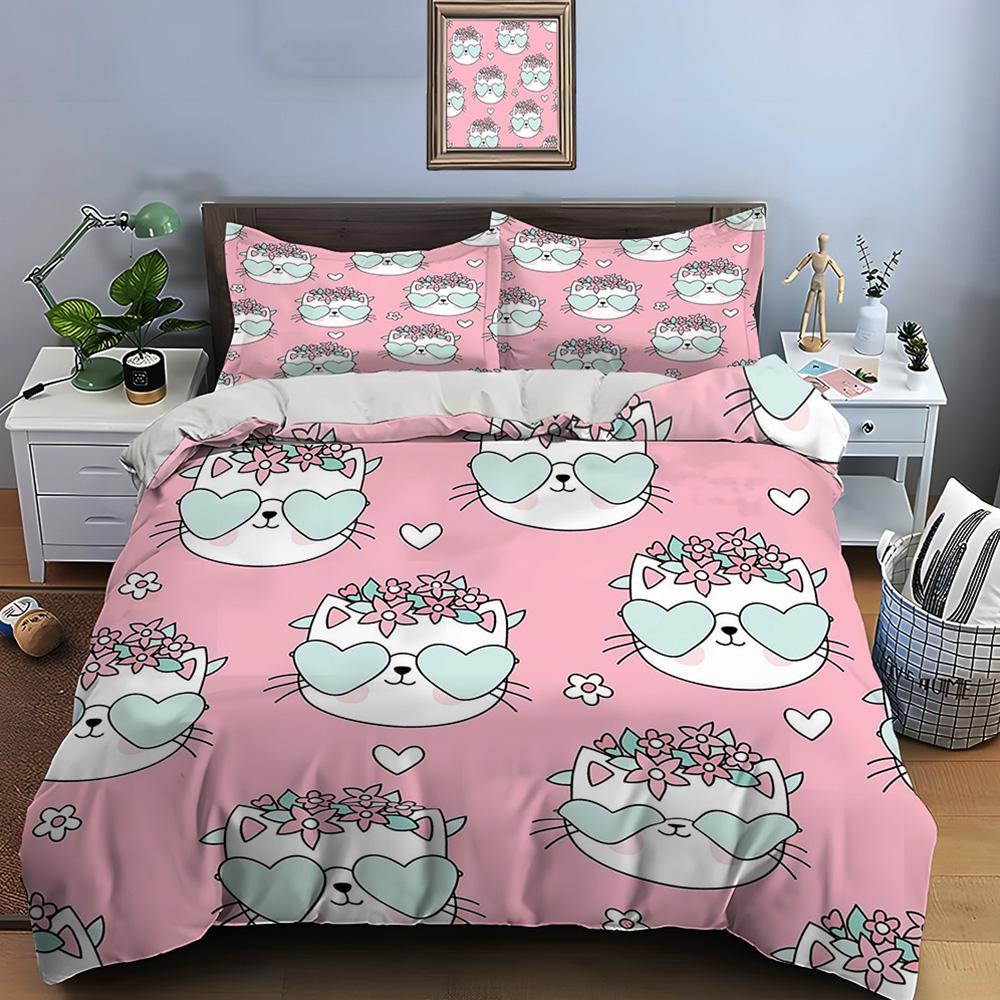 Cute Cartoon Cats Print Bedding Set Duvet Cover 1 Duvet Cover 2 Pillowcases Adult and Children Bedding Set Luxury Comforter Set