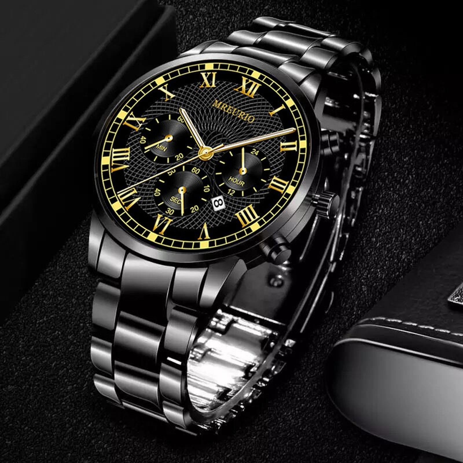 

Мужские кожаные деловые модные часы с ремешком для подарков One Size чёрный