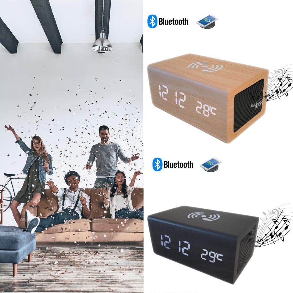 Stylish Alarm Clock with Smartphone Charging Alarm Wireless Smartphone Wood Grain Interior Japanese Instruction Manual Speaker, Thermometer, Function,
