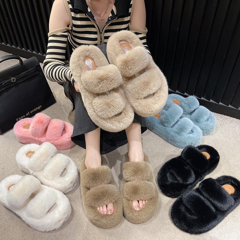 Thick bottom heightening fluffy slippers women's outer wear 2025 new autumn and winter fashion muffin plush one-word cotton mop