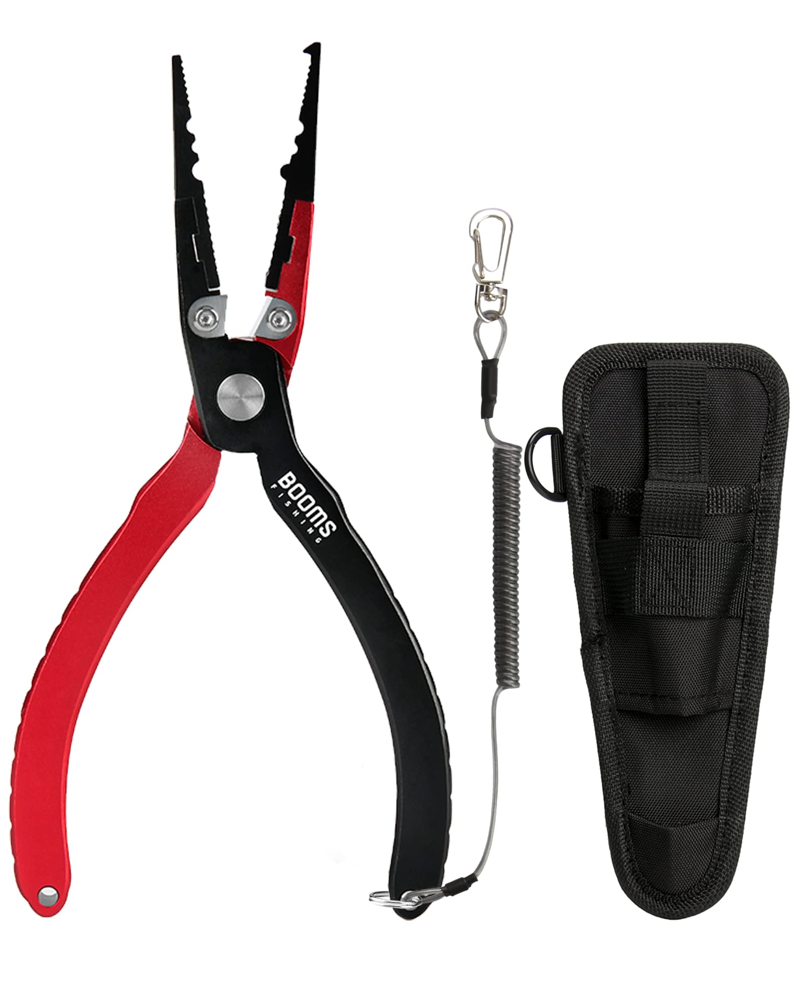 

Booms Fishing X03 Aluminum Fishing Pliers with Case and Butt Black and Red Rope,