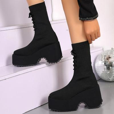 Zapatos de Tacón Alto de Plataforma de Ante para Mujer Botas Calcetín de Nieve de Diseño Cálido Tejido Zapatos Casuales Tendencia Invierno Bomba Gótica Botas Chelsea Mujer