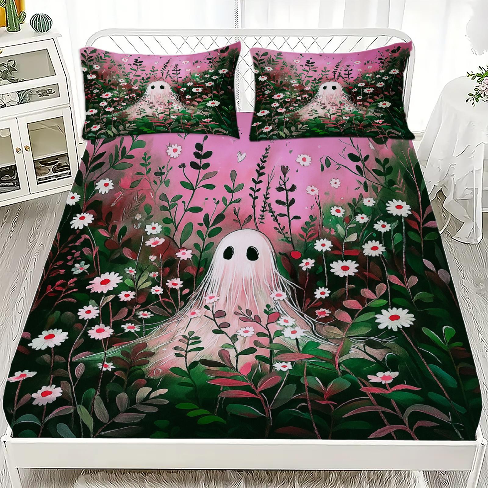 

3pcs Halloween Fitted Sheet Set Black Cat Ghost Print 100% Polyester Soft Bedding Set for Home Halloween Decor with 2 Pillowcase 90x200x25cm