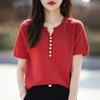 New Summer Cotton V-neck Half-sleeved T-shirt for For Women Loose Solid Color Short-sleeved Multi-button Knitted Top