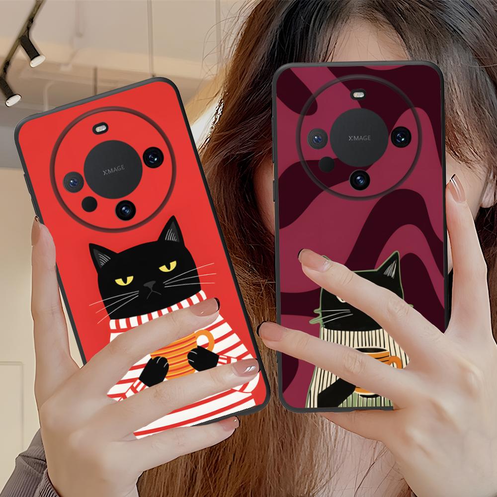 Cute Coffee Cat Matte TPU Mobile Phone Case for Huawei Mate 60 50 40 30 20 10 Pro Plus Lite E 5G Colorful Printing Cover