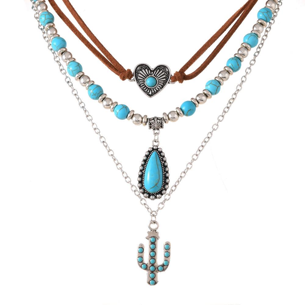 Sweet and Cool Jewelry Retro Imitation Turquoise Summer Collarbone Chain Beaded Necklace Set Ethnic Style Multi-item Jewelry