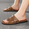 Men Slippers Handmade Simple Flats Brown Leather Sandals Black Summer Roman Sandals Open Toe Beach Shoes Plus Size