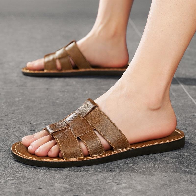Men Slippers Handmade Simple Flats Brown Leather Sandals Black Summer Roman Sandals Open Toe Beach Shoes Plus Size