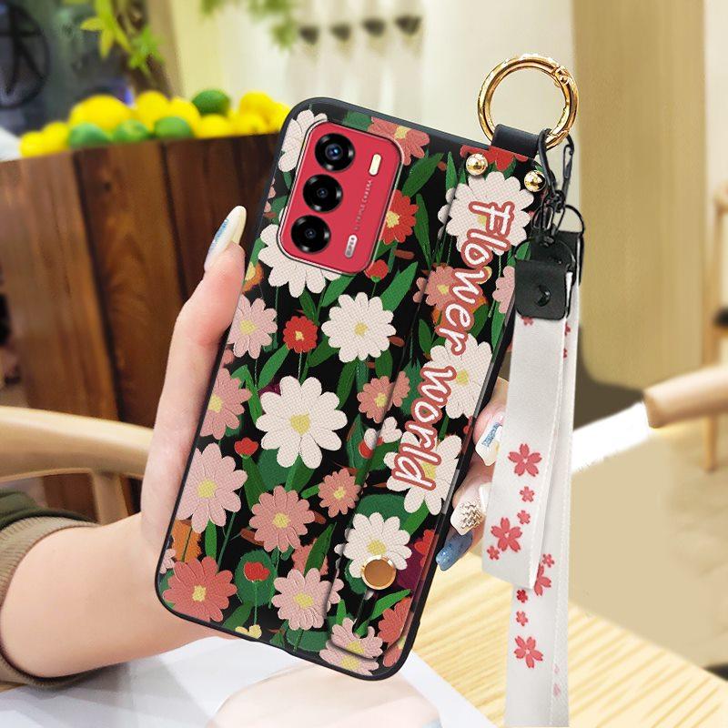 Durable Lanyard Phone Case For ZTE Blade V40 Vita/A72 Ring Anti-dust Fashion Design Silicone Kickstand Waterproof Flower