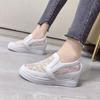 Women Wedge Platform Sneakers Rubber Leather High Heels Lace Up Shoes Pointed Toe Height Increasing Creepers White 2023