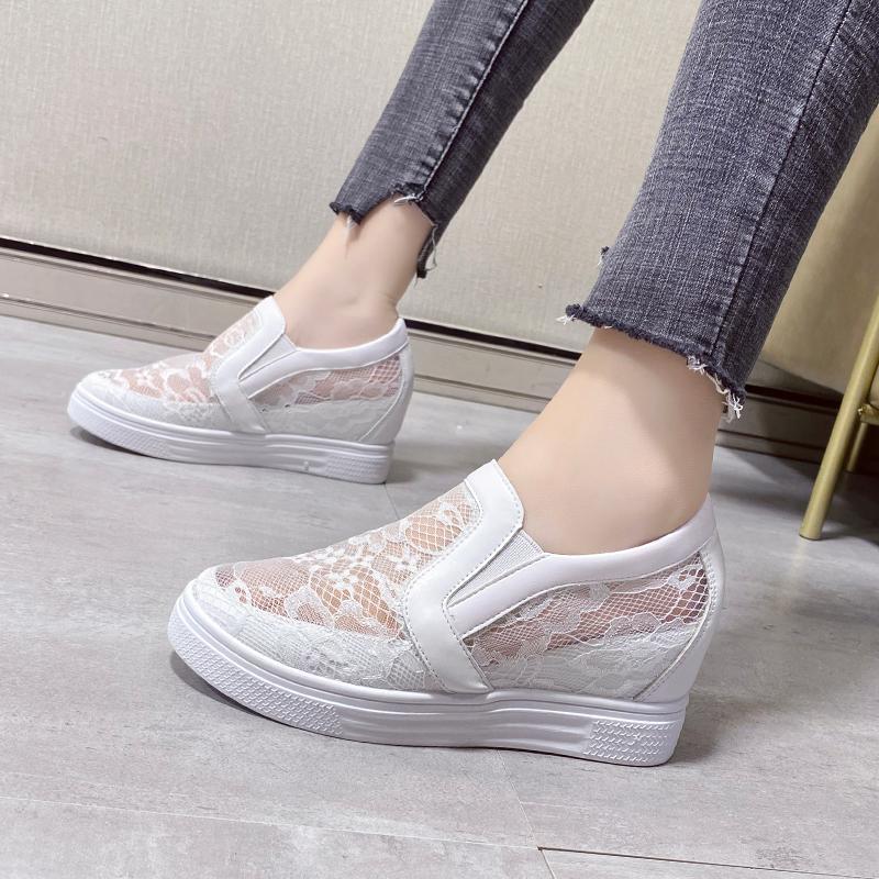 Women Wedge Platform Sneakers Rubber Leather High Heels Lace Up Shoes Pointed Toe Height Increasing Creepers White 2023