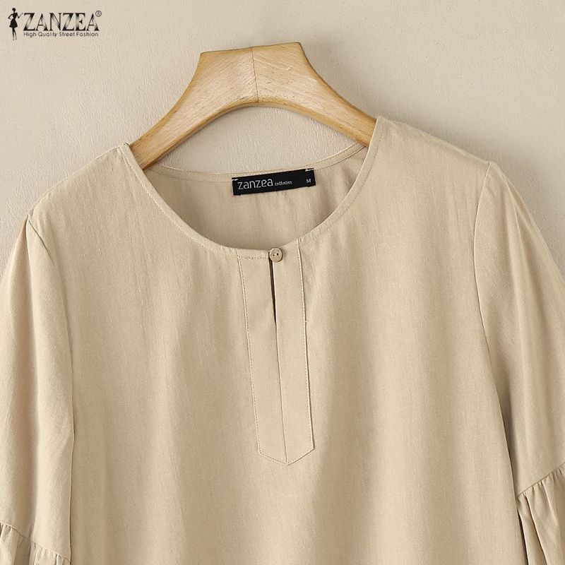 ZANZEA Women Casual Round Neck Solid Color 3/4 Sleeve Blouse
