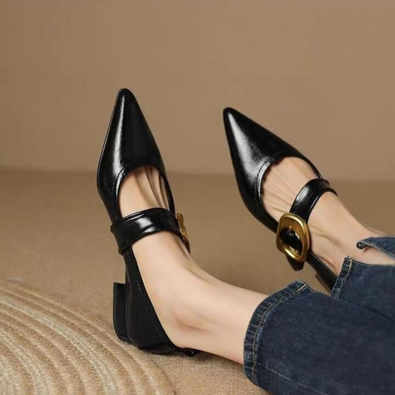 

Fashion 2025 new Pointed toe Metal Buckle Thick Heel Pumps women shoes simple and elegant Comfortable 35 чёрный