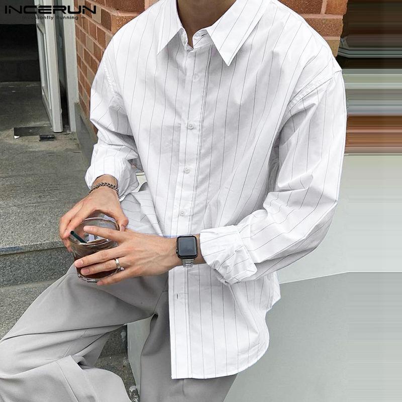 INCERUN Oversized Men Shirts Long Sleeve Lapel Striped Print Casual Loose Tops
