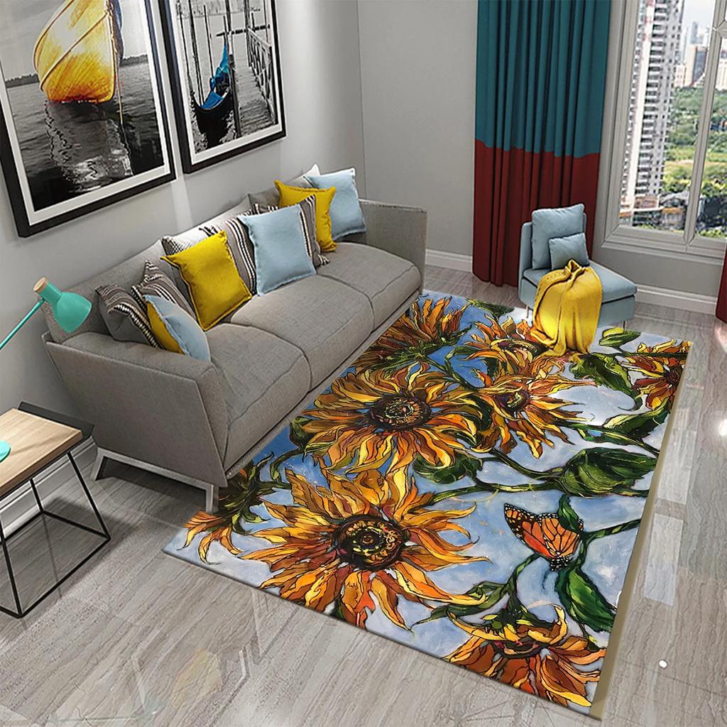 3D Oil Painting Sunflower Carpet for Living Dining Room Bedroom Kitchen Van Gogh Sunflower Nursery Rug Floor Non Slip Area Rug