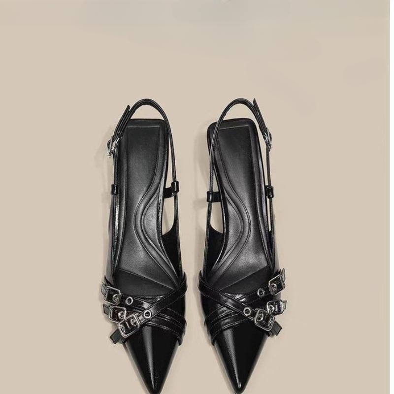 

Мода 2025 Французский стиль Пряжка ремня Бордовые сандалии Летние Ретро Лакированная кожа Темперамент светской львицы Заостренный носок Черные высокие каблуки 34 чёрный