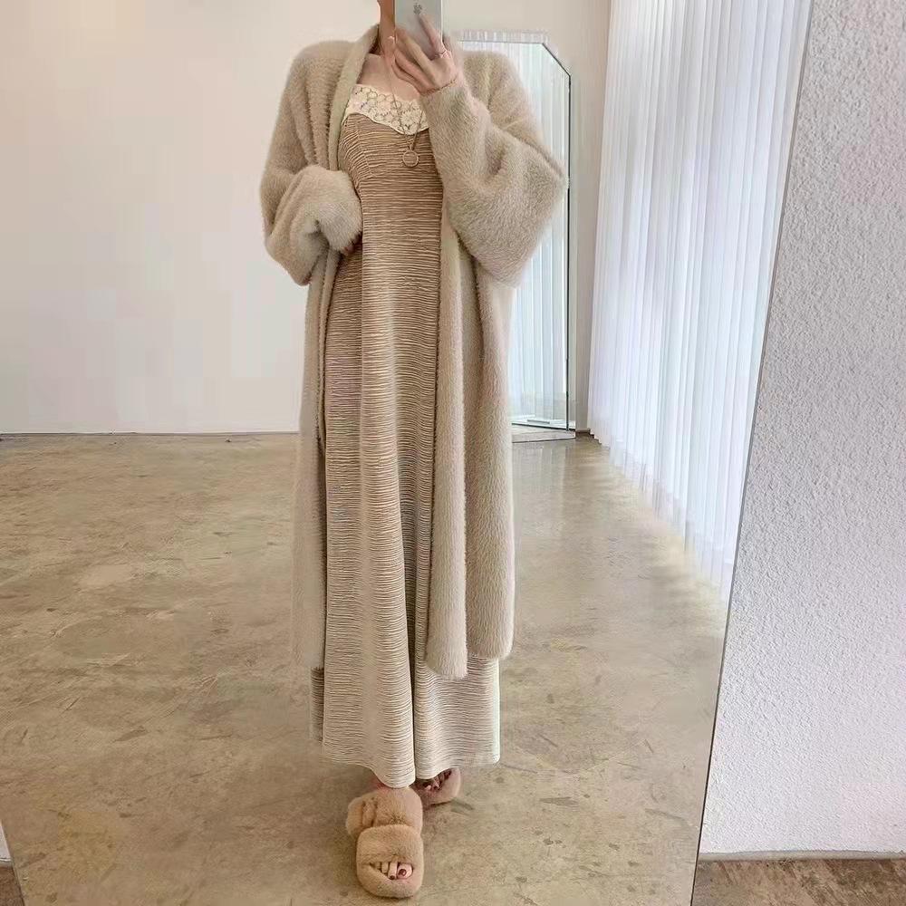 Imitation mink fleece sweater knitted sweater jacket women's autumn and winter thickened medium and long loose lazy wind over the knee cardigan top