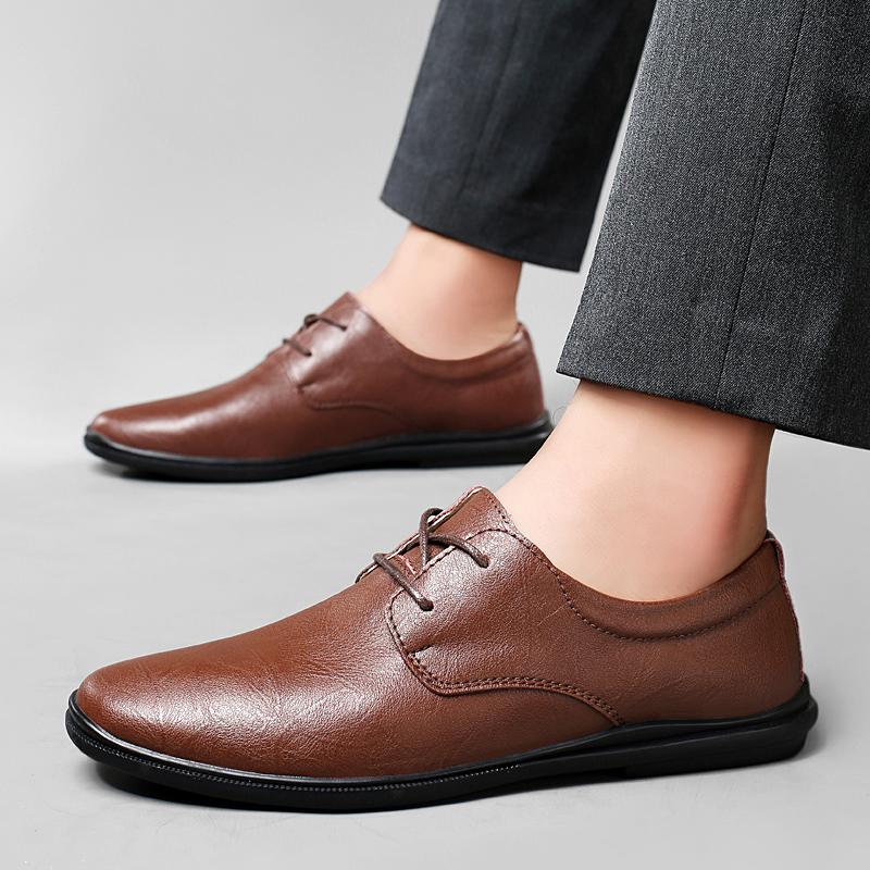 FashionMen's Genuine Leather Shoes Soft Sole Loafers Versatile Flat Shoes Retro Brown Men's Business Shoes Simple Commuting Shoes