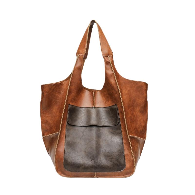 Retro Weiches Leder Tragetasche Lässig Patchwork Große Kapazität Handtaschen Vielseitig Farbblockierung Spleißung Damen Achseltasche
