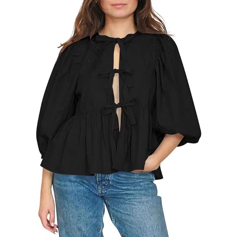 Spring and Summer Sweet and Casual Lace-up Striped Women's Blouses & Shirts
