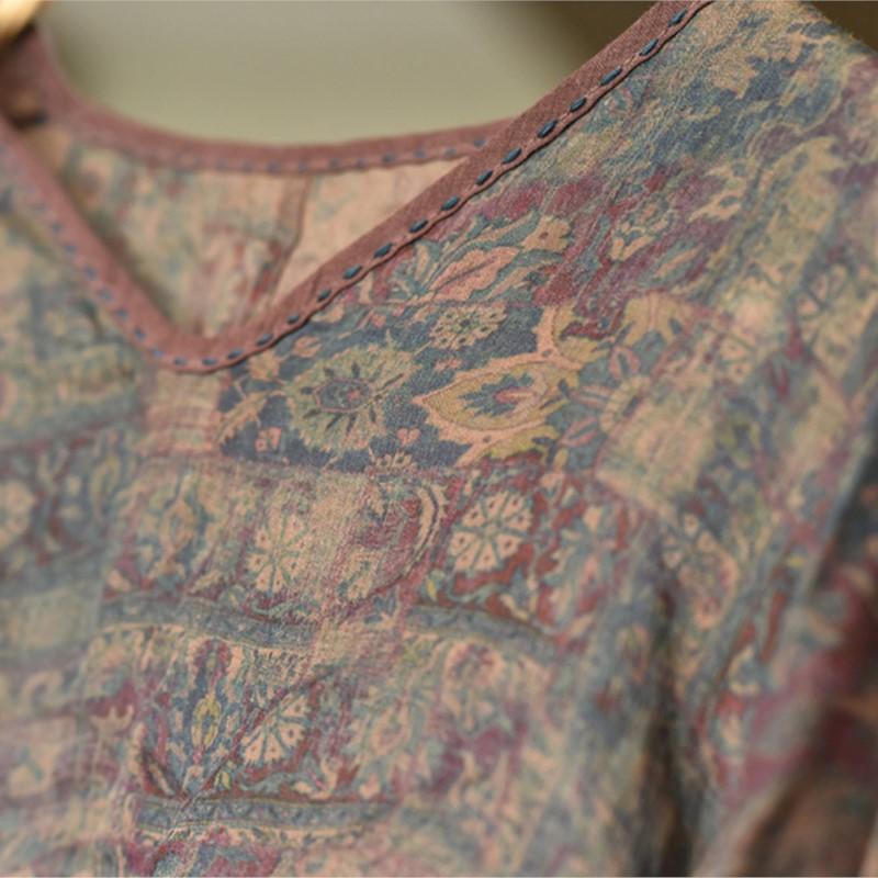 Johnature Frauen Vintage Ramie Print Floral T-Shirts Lose V-ausschnitt Sieben Ärmel T-shirts Sommer Dünne Frauen T-Shirts