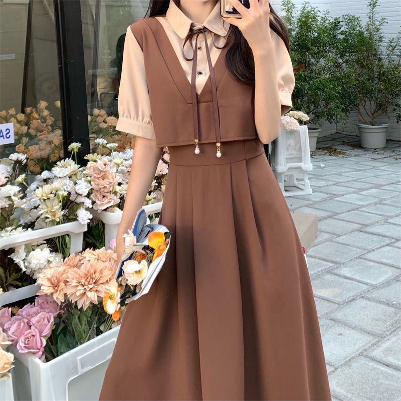 Women s Summer Retro Patchwork Short-Sleeve Dress: Plus Size, Slimming Design, College Style, Two-Piece Look S