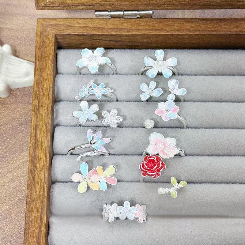 Small Fresh Enamel Ice Blue Flower Opening Ring Super Fairy Diamond Stacked Wearing Personality Sweet Super Fairy Ring Woman