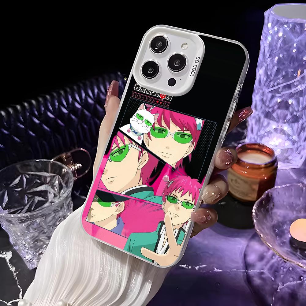 Anime S-Saiki Kusuo Phone Case For iPhone 16 15 14 13 12 11 Pro Max White Matte Laser Metallic Aurora Funda