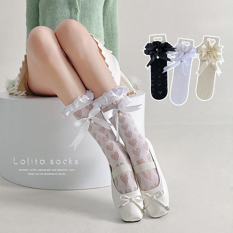 Female Summer Thin Sweet Lace Love Hollow Bow Pearl Stockings