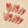 24PCS Sweet Pink Roses Almond Stick On False Nails Golden Flower Patterns with Pearl French Fake Nails for Women Detachable Nail