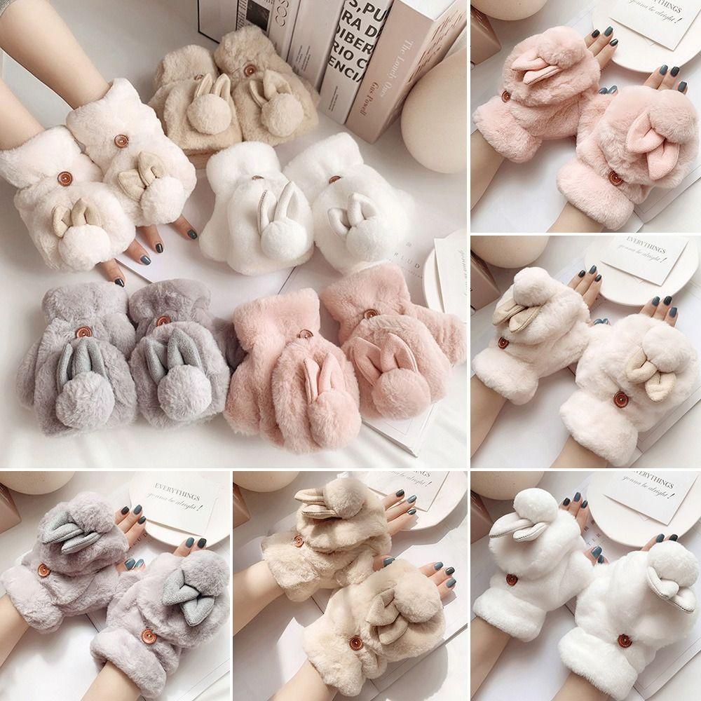 Short Plush Fingerless Glove Thick Warm Gloves Daily Flip Half Finger Gloves  Winter