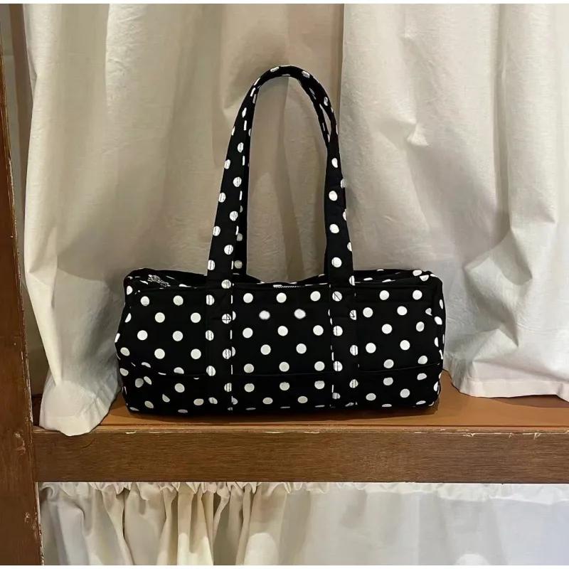 

Korean Style Polka Dot Bag Large Capacity Canvas Handbag Travel Tote With Dual Handles Women Lightweight Versatile Shoulder Bag чёрный