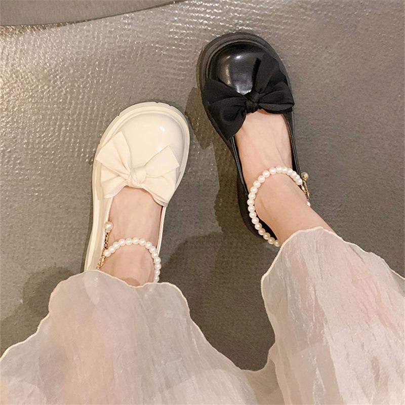 Mary Jane Shoes Women's Spring and Summer New Thick Heel Small Leather Shoes Pearl Bow Girl Single Shoes