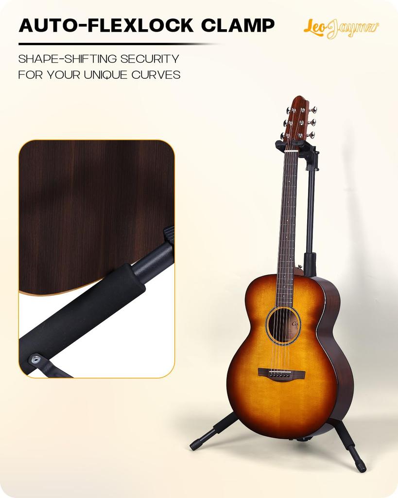 Leo Jaymz Guitar Stand Heavy Duty Suitable for Height Adjustable Foldable Portable Model for and Studio - Auto-Locking - Acoustic/Electric/Bass