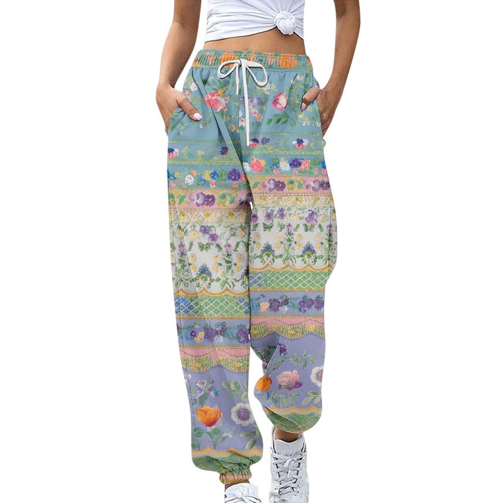 Women's Sports Pants With Pockets Fashion Floral Print Elastic Waist Pants Casual Sweatpants Pants
