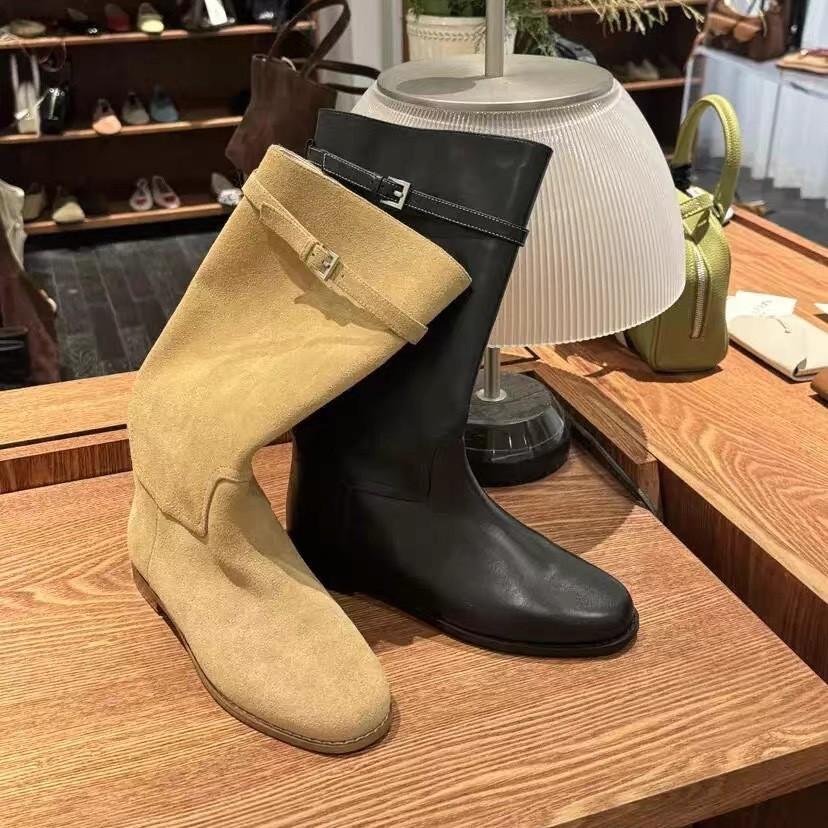 New round head matte leather soft surface boots women's versatile thick heel temperament knight boots