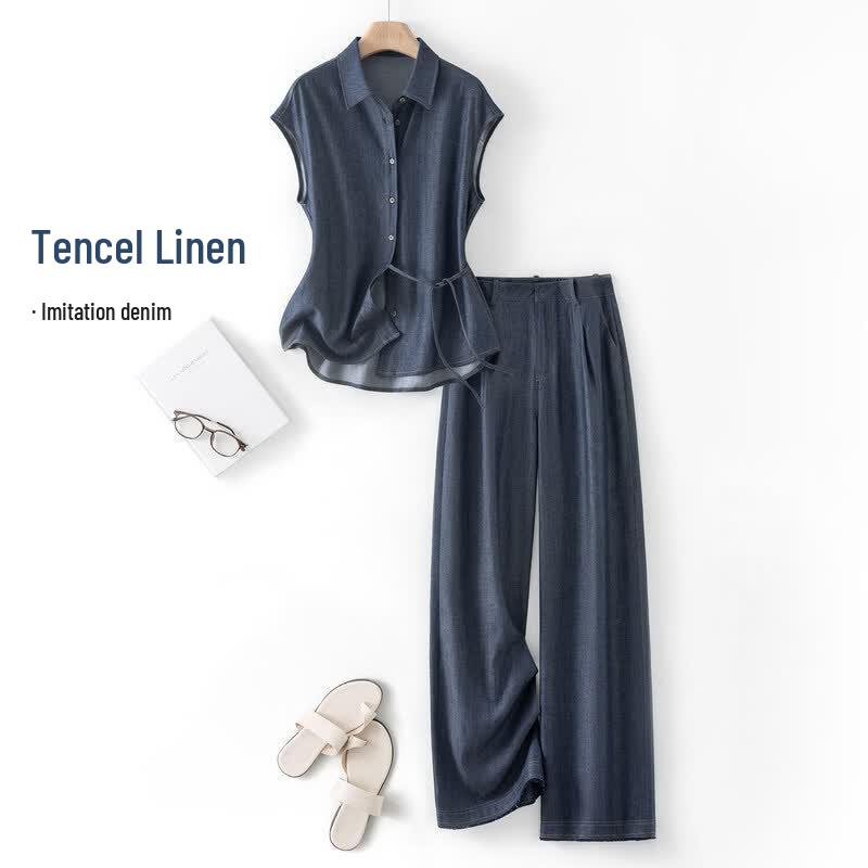 IHIMI Women s Lyocell Linen Denim-Look Sleeveless Shirt & Pants Set 2XL