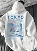 City‑tokyo Men Hoodie Front Tiny Sushi‑graphic Motif, Back Oversized Retro Japanese‑style Panel Graphic Pullover For Soft Relaxed Casual Street Wear