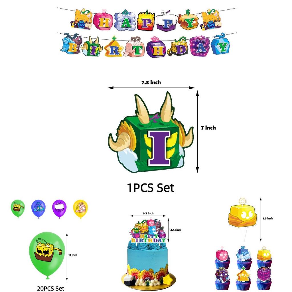 Blox Fruits Cartoon Theme Birthday Party Decorations Set Flags Balloons Cake Toppers