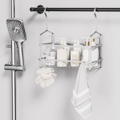 GAGUIUP Hanging Bathroom Basket, Shower Rack, Large Capacity Hanging Basket for Kitchen and Bathroom, Stainless Steel, with 2 Hooks, 32cm Long X 16cm
