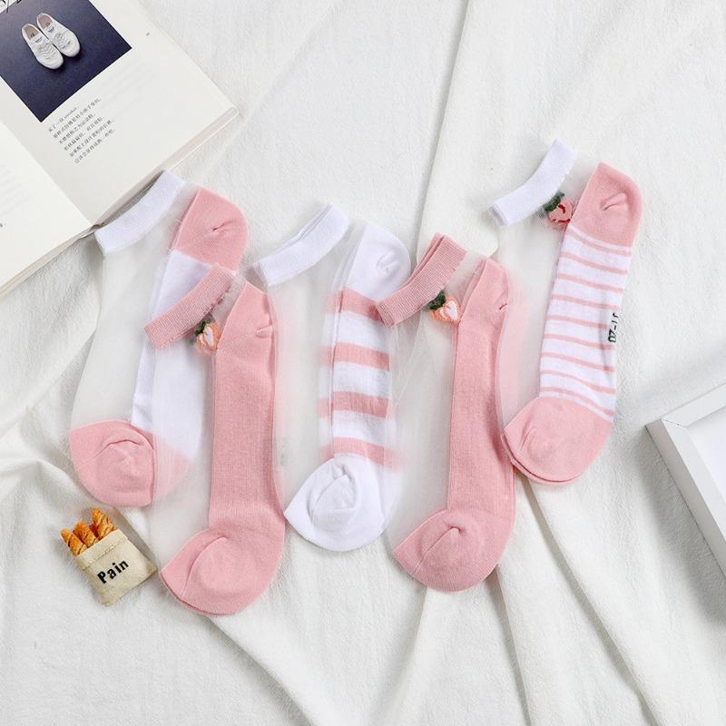 5 Pairs of Women's Summer Thin Cute with Transparent Boat Socks